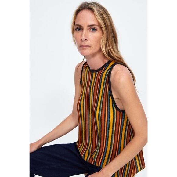 ZARA Knit Women's Colorful Striped Knit Tank Top Shimmer Sz L - Picture 1 of 7